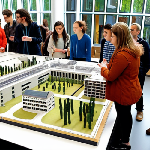 Home 23 **Image Prompt:** A diverse group of people attending an open day at TU Delft, looking at architectural models and discussing urban planning concepts. The scene is bright and modern, emphasizing the learning environment.