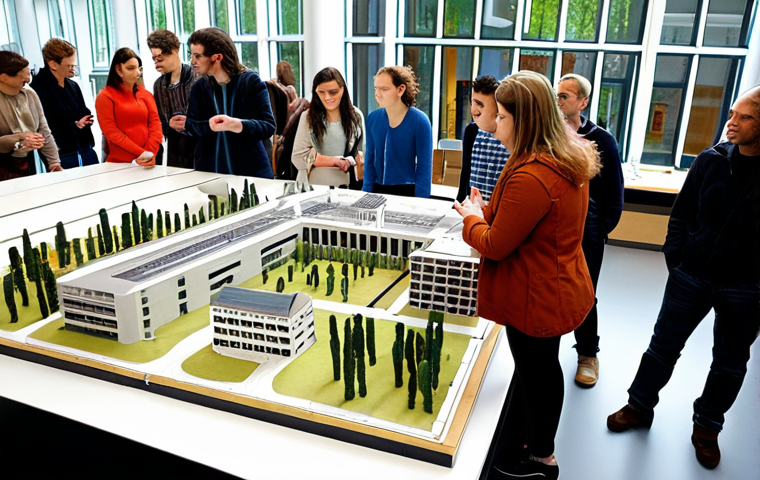 **Image Prompt:** A diverse group of people attending an open day at TU Delft, looking at architectural models and discussing urban planning concepts. The scene is bright and modern, emphasizing the learning environment.