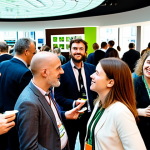 A bustling networking event for urban planners in Amsterdam. Professionals are engaging in conversation, exchanging business cards, and discussing city development projects. The event has a modern, sustainable design aesthetic, with visible green elements and natural lighting. Focus on capturing the energy and connection between individuals, suggesting the power of networking in the urban planning field.