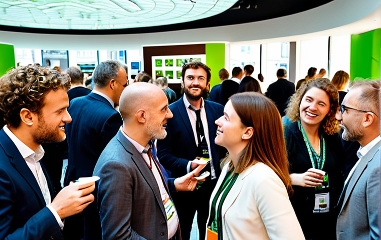 A bustling networking event for urban planners in Amsterdam. Professionals are engaging in conversation, exchanging business cards, and discussing city development projects. The event has a modern, sustainable design aesthetic, with visible green elements and natural lighting. Focus on capturing the energy and connection between individuals, suggesting the power of networking in the urban planning field.