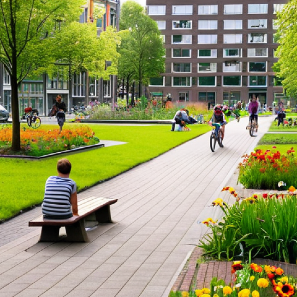 **

`A vibrant urban park scene in Amsterdam. Lush green spaces filled with native plants and flowers. People are relaxing on benches, children are playing, and cyclists are using the park's pathways. In the background, modern buildings are visible, some with green roofs. The scene is bathed in warm sunlight, emphasizing the park's role as a revitalized industrial site and a community hub. Focus on the biodiversity and clean air.`

**