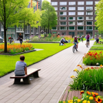 **

`A vibrant urban park scene in Amsterdam. Lush green spaces filled with native plants and flowers. People are relaxing on benches, children are playing, and cyclists are using the park's pathways. In the background, modern buildings are visible, some with green roofs. The scene is bathed in warm sunlight, emphasizing the park's role as a revitalized industrial site and a community hub. Focus on the biodiversity and clean air.`

**