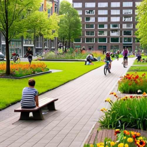 Home 21 **
`A vibrant urban park scene in Amsterdam. Lush green spaces filled with native plants and flowers. People are relaxing on benches, children are playing, and cyclists are using the park's pathways. In the background, modern buildings are visible, some with green roofs. The scene is bathed in warm sunlight, emphasizing the park's role as a revitalized industrial site and a community hub. Focus on the biodiversity and clean air.`
**
