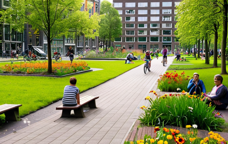 **
`A vibrant urban park scene in Amsterdam. Lush green spaces filled with native plants and flowers. People are relaxing on benches, children are playing, and cyclists are using the park's pathways. In the background, modern buildings are visible, some with green roofs. The scene is bathed in warm sunlight, emphasizing the park's role as a revitalized industrial site and a community hub. Focus on the biodiversity and clean air.`
**
