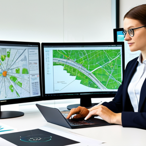 Home 9 A professional adult urban planner, male or female, dressed in a modest business suit, sitting at a sleek, modern workstation in a contemporary urban planning studio. The planner is actively engaged, looking at multiple large monitors displaying complex GIS maps, data visualizations of urban mobility, and 3D city models. A tablet with a digital planning tool is open on the desk, alongside a professional notebook. The background features a subtle, abstract representation of a green urban landscape, hinting at sustainability goals. The overall image conveys innovation, data-driven planning, and continuous learning. Full body shot, professional lighting, high detail, sharp focus, vibrant colors, safe for work, appropriate content, fully clothed, professional, perfect anatomy, correct proportions, natural pose, well-formed hands, proper finger count, natural body proportions, high quality photography.