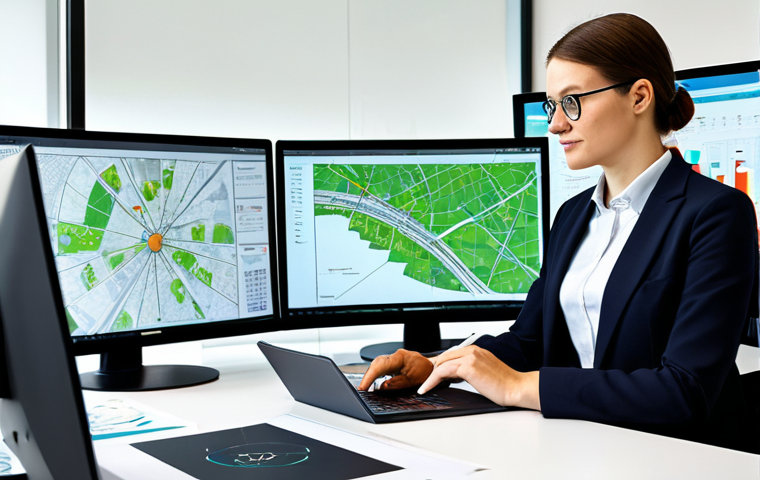 A professional adult urban planner, male or female, dressed in a modest business suit, sitting at a sleek, modern workstation in a contemporary urban planning studio. The planner is actively engaged, looking at multiple large monitors displaying complex GIS maps, data visualizations of urban mobility, and 3D city models. A tablet with a digital planning tool is open on the desk, alongside a professional notebook. The background features a subtle, abstract representation of a green urban landscape, hinting at sustainability goals. The overall image conveys innovation, data-driven planning, and continuous learning. Full body shot, professional lighting, high detail, sharp focus, vibrant colors, safe for work, appropriate content, fully clothed, professional, perfect anatomy, correct proportions, natural pose, well-formed hands, proper finger count, natural body proportions, high quality photography.